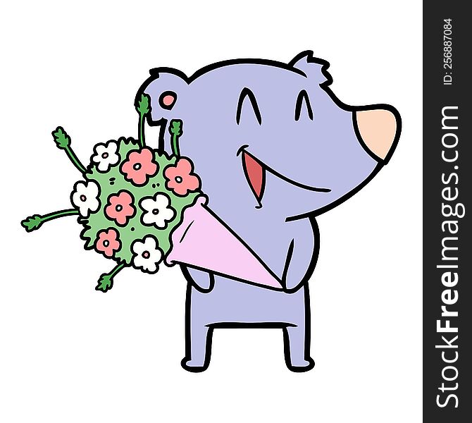 laughing bear cartoon with flowers. laughing bear cartoon with flowers