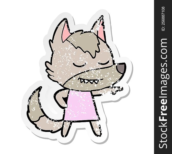 Distressed Sticker Of A Friendly Cartoon Wolf Girl Pointing