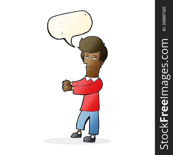 Cartoon Bored Man Showing The Way With Speech Bubble