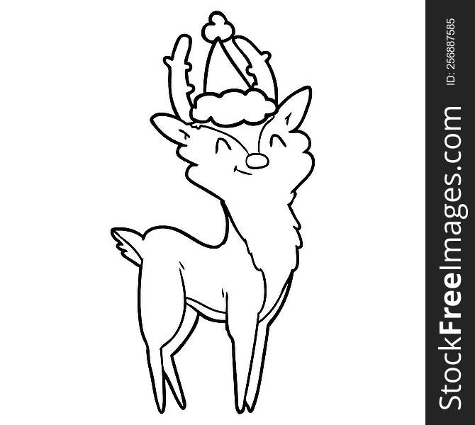 hand drawn line drawing of a happy stag wearing santa hat