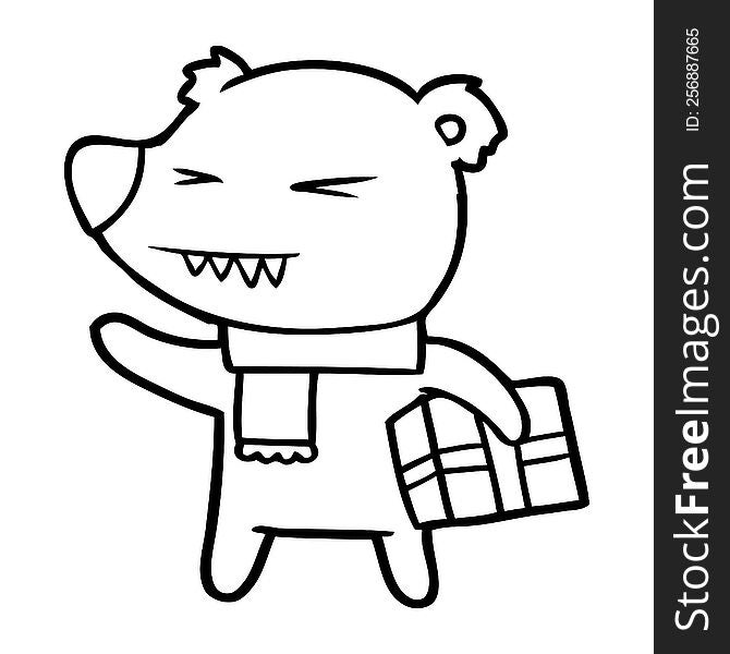 cartoon angry polar bear with xmas present. cartoon angry polar bear with xmas present