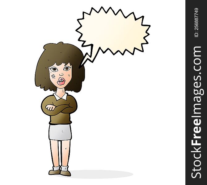 cartoon tough woman with folded arms with speech bubble