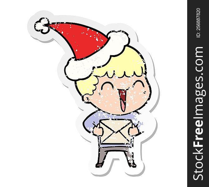 Distressed Sticker Cartoon Of A Happy Man Wearing Santa Hat