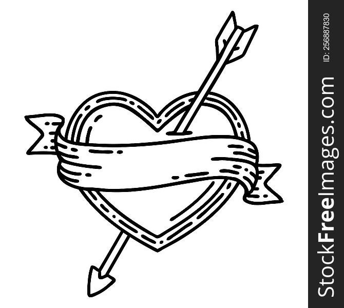 tattoo in black line style of an arrow heart and banner. tattoo in black line style of an arrow heart and banner