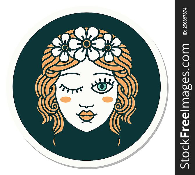 sticker of tattoo in traditional style of a maidens face winking. sticker of tattoo in traditional style of a maidens face winking