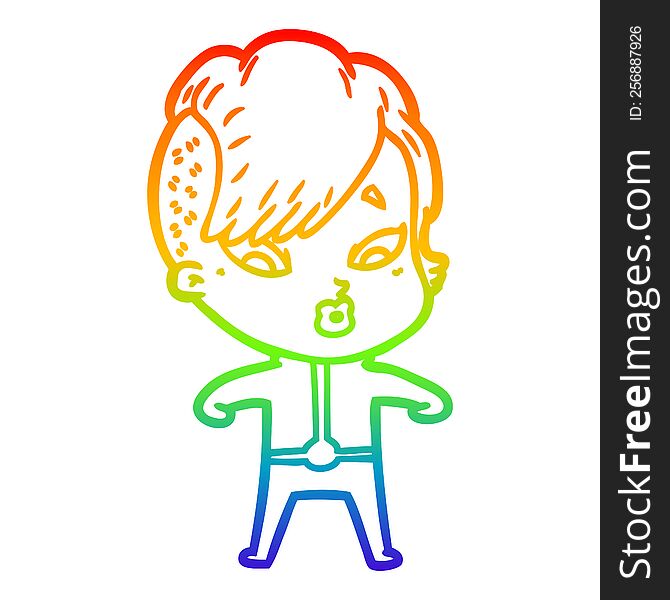 rainbow gradient line drawing of a cartoon surprised girl in science fiction clothes