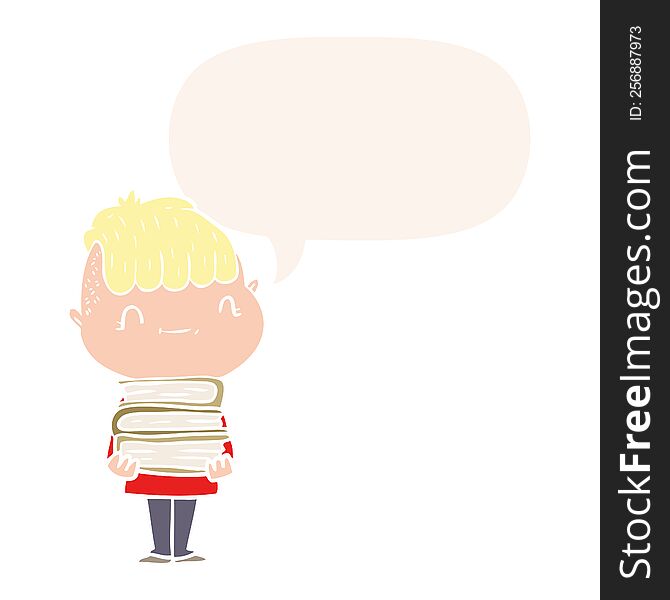 Cartoon Friendly Boy And Books And Speech Bubble In Retro Style