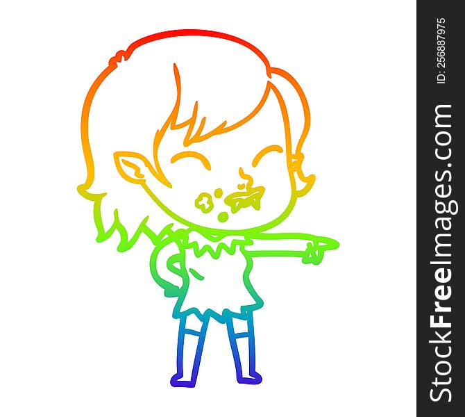 rainbow gradient line drawing of a cartoon vampire girl with blood on cheek