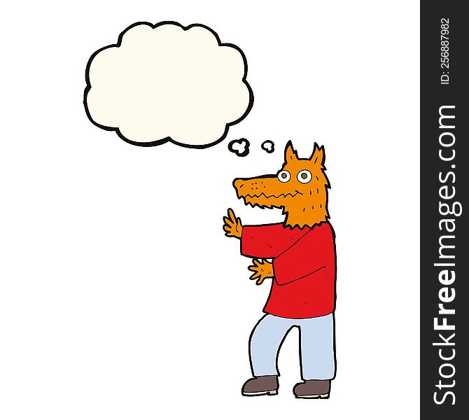 cartoon funny fox man with thought bubble