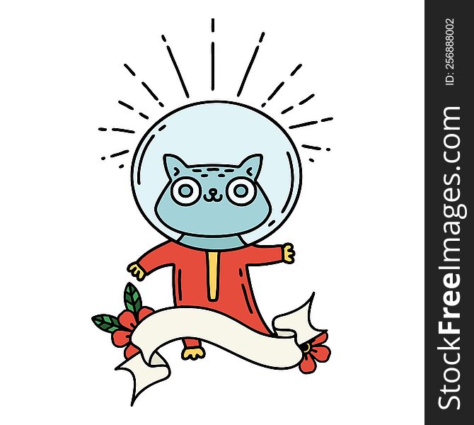 scroll banner with tattoo style cat in astronaut suit