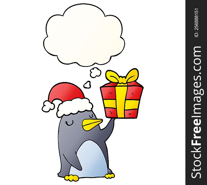 cartoon penguin with christmas present with thought bubble in smooth gradient style