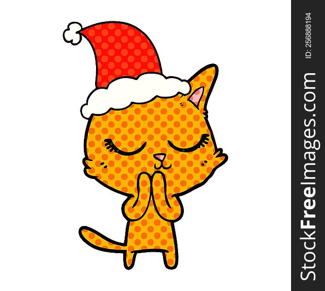 Calm Comic Book Style Illustration Of A Cat Wearing Santa Hat