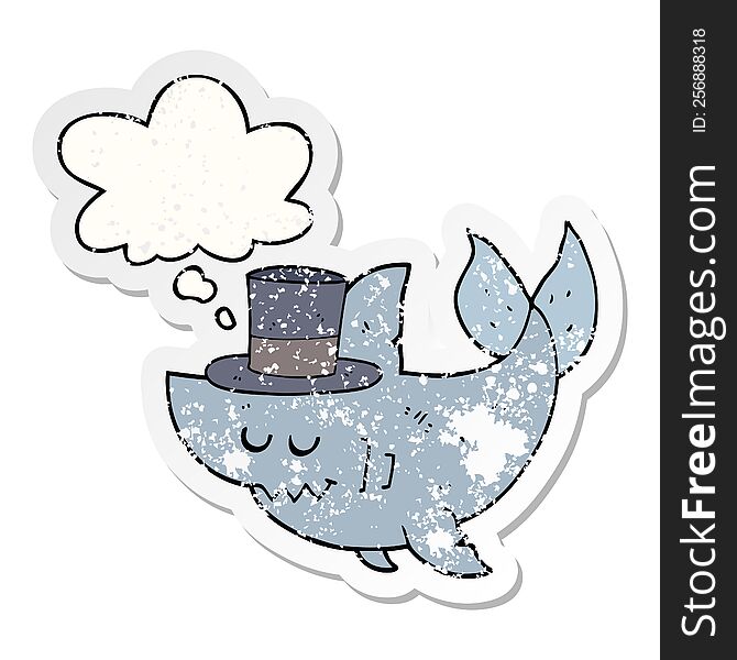 cartoon shark wearing top hat with thought bubble as a distressed worn sticker