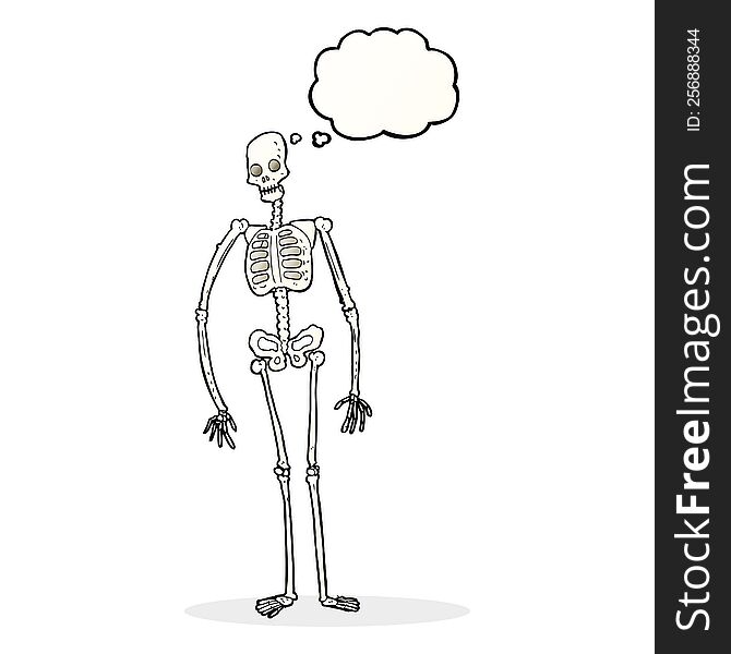 cartoon spooky skeleton with thought bubble