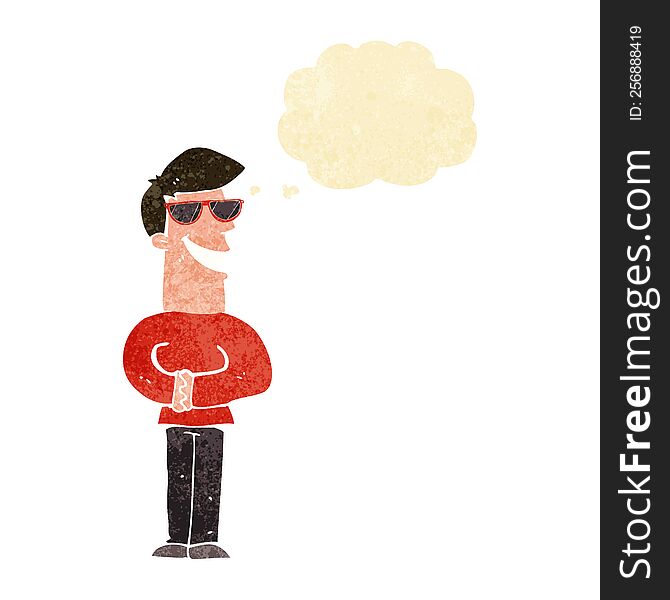 cartoon grinning man wearing sunglasses with thought bubble