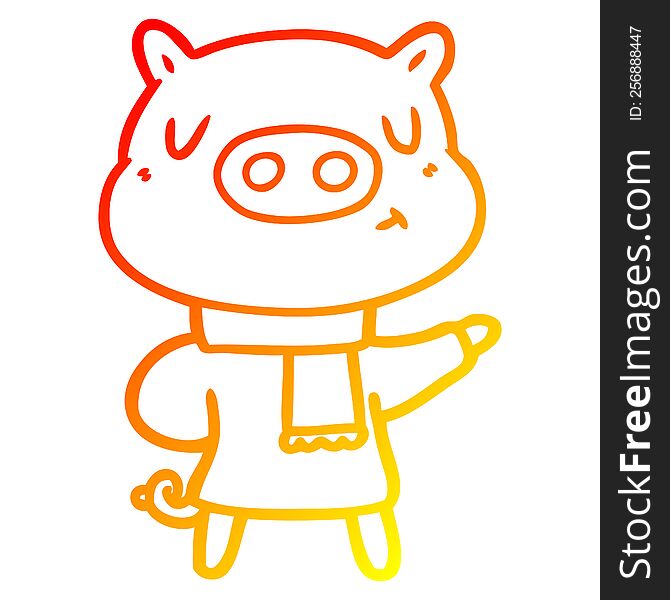 warm gradient line drawing of a cartoon content pig in winter attire