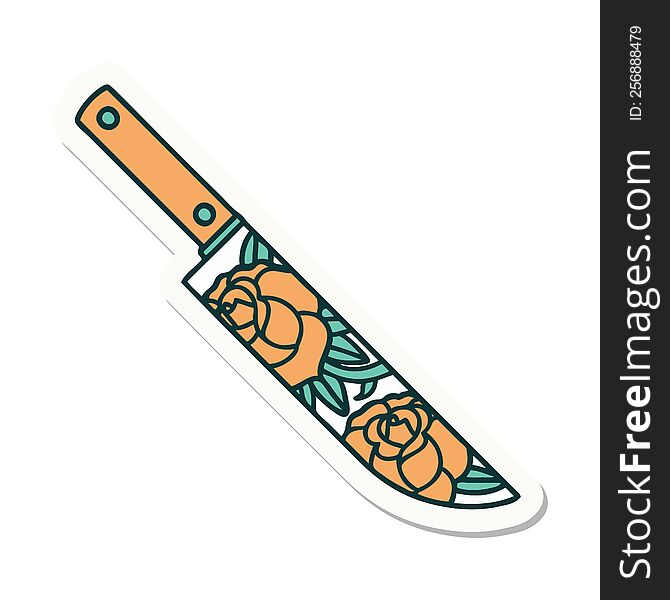 sticker of tattoo in traditional style of a dagger and flowers. sticker of tattoo in traditional style of a dagger and flowers