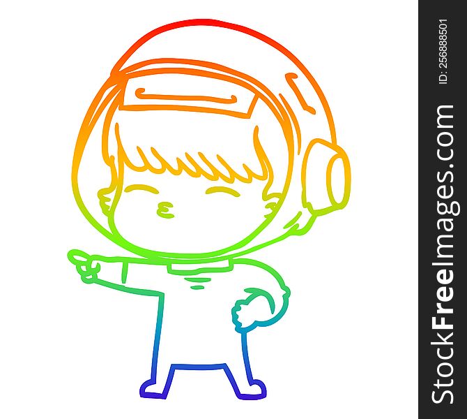 rainbow gradient line drawing of a cartoon curious astronaut pointing