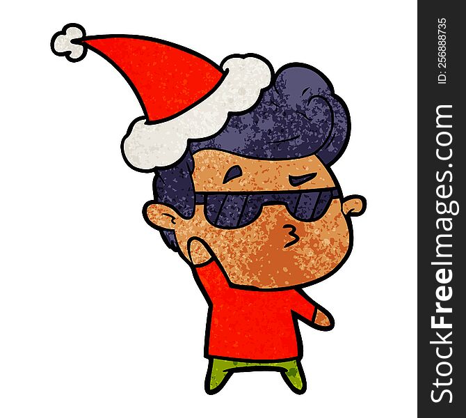 hand drawn textured cartoon of a cool guy wearing santa hat