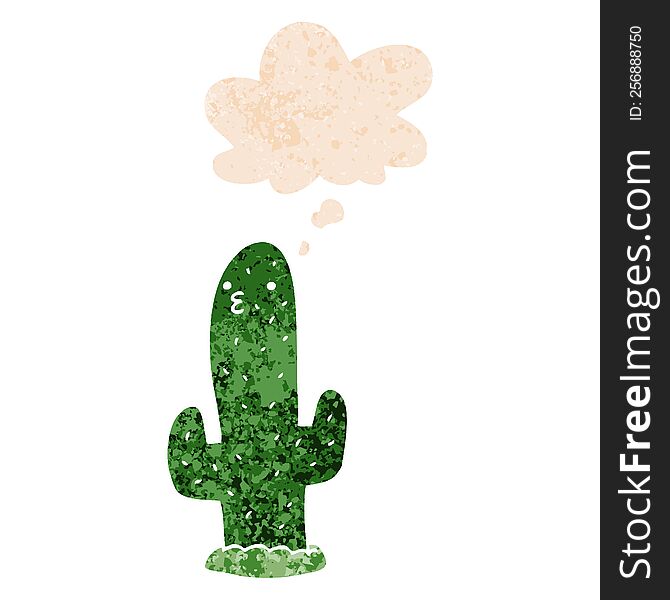 cartoon cactus with thought bubble in grunge distressed retro textured style. cartoon cactus with thought bubble in grunge distressed retro textured style