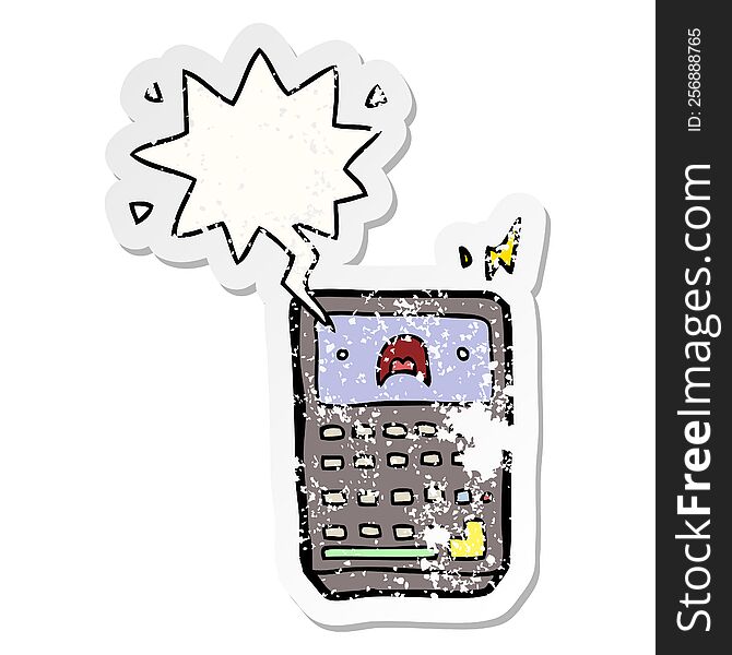 cartoon calculator with speech bubble distressed distressed old sticker. cartoon calculator with speech bubble distressed distressed old sticker