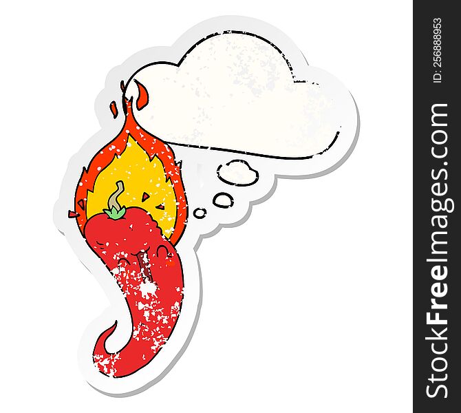 cartoon flaming hot chili pepper with thought bubble as a distressed worn sticker