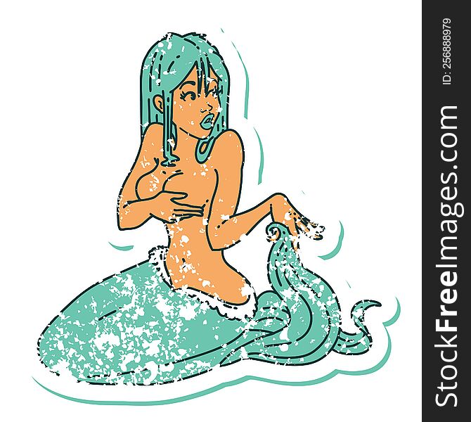 Distressed Sticker Tattoo Style Icon  Of A Surprised Mermaid