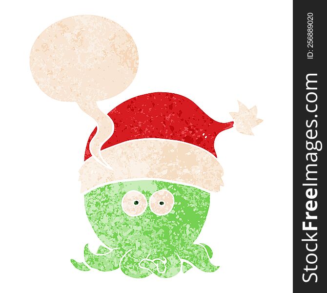 cartoon octopus wearing christmas hat with speech bubble in grunge distressed retro textured style. cartoon octopus wearing christmas hat with speech bubble in grunge distressed retro textured style