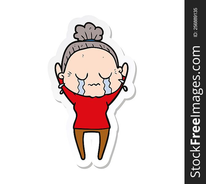 sticker of a cartoon old woman crying