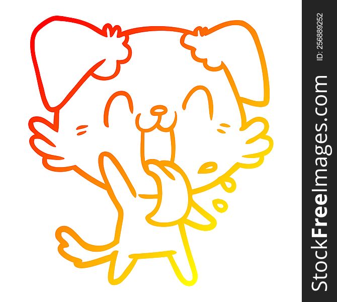 warm gradient line drawing of a cartoon panting dog waving