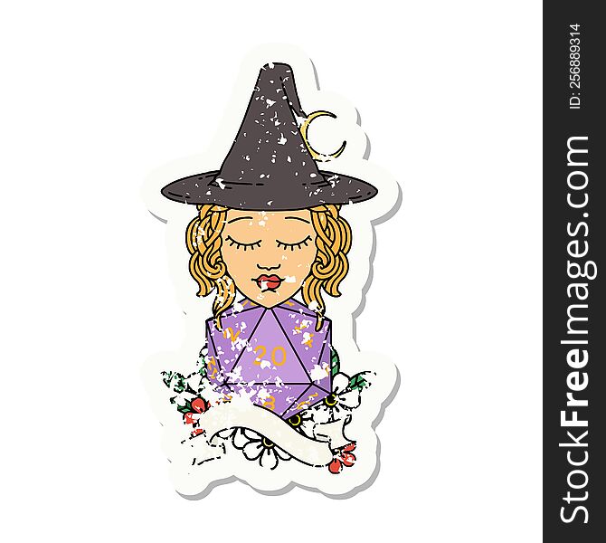 grunge sticker of a human mage with natural twenty dice roll. grunge sticker of a human mage with natural twenty dice roll