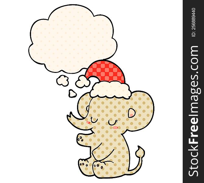 Cute Christmas Elephant And Thought Bubble In Comic Book Style