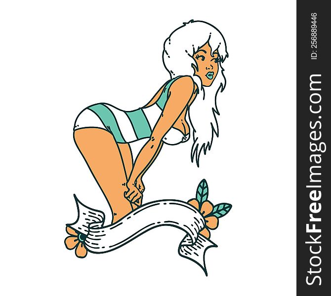 iconic tattoo style image of a pinup girl in swimming costume with banner. iconic tattoo style image of a pinup girl in swimming costume with banner