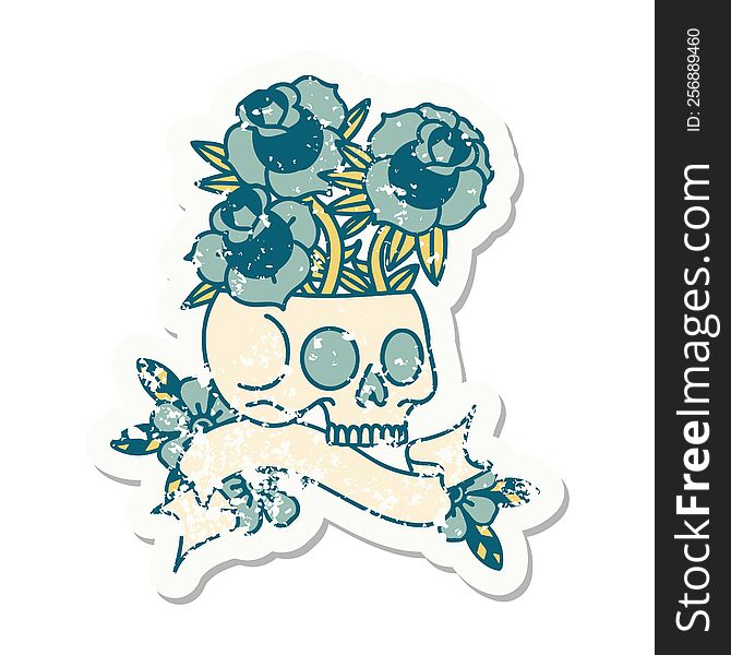 worn old sticker with banner of a skull and roses. worn old sticker with banner of a skull and roses