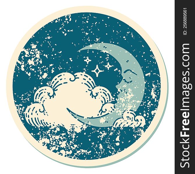 distressed sticker tattoo style icon of a crescent moon and clouds