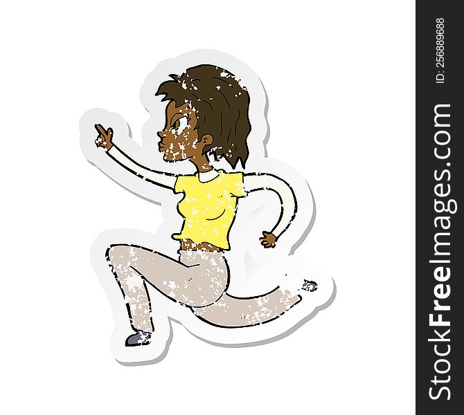 retro distressed sticker of a cartoon woman running and pointing