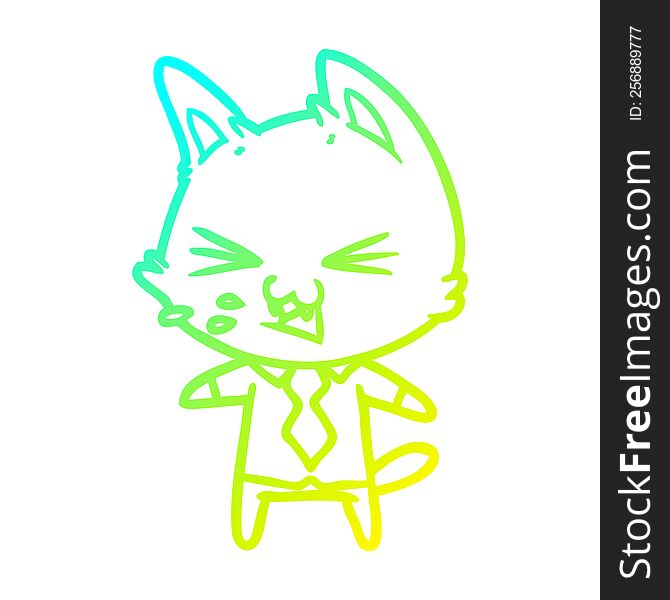 cold gradient line drawing of a cartoon cat wearing shirt hissing