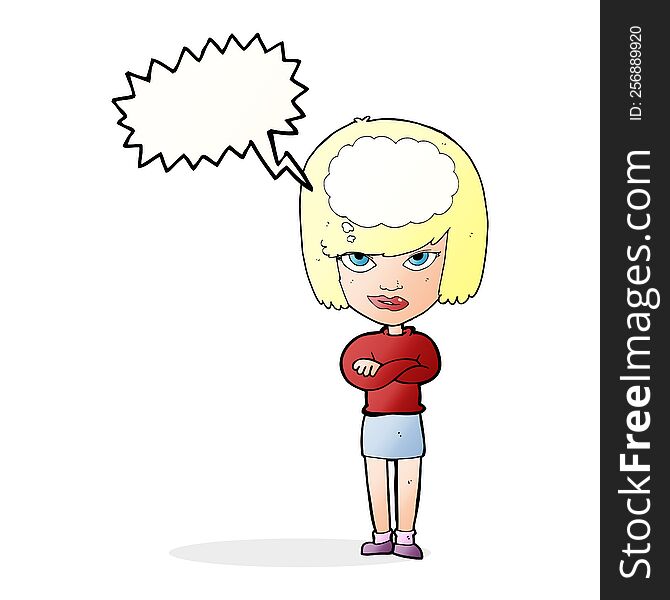 cartoon woman with folded arms imagining with speech bubble