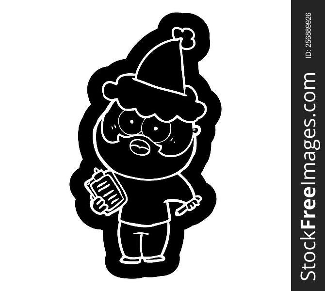 Cartoon Icon Of A Bearded Man With Clipboard And Pen Wearing Santa Hat