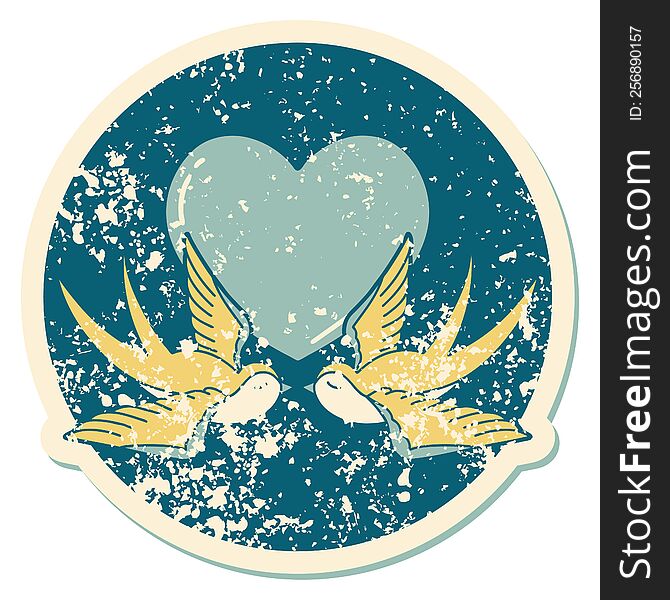 Distressed Sticker Tattoo Style Icon Of A Swallows And A Heart