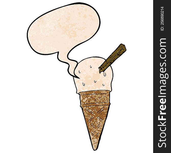 cartoon ice cream with speech bubble in retro texture style