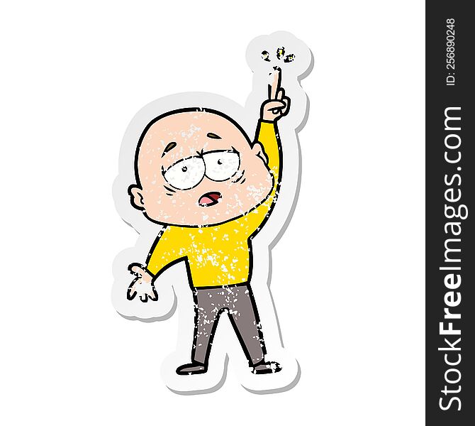 Distressed Sticker Of A Cartoon Tired Bald Man With Idea