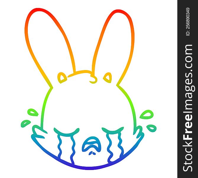 rainbow gradient line drawing of a cartoon crying bunny face