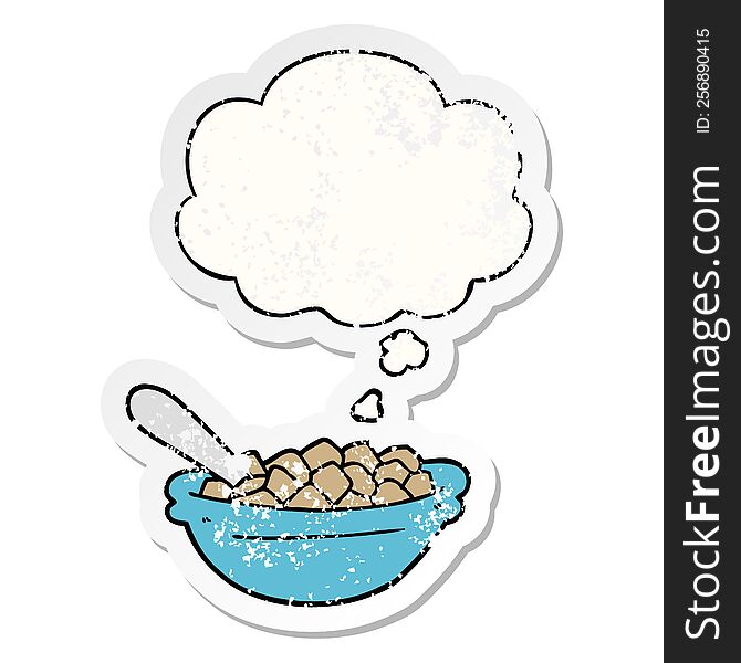 cartoon cereal bowl with thought bubble as a distressed worn sticker