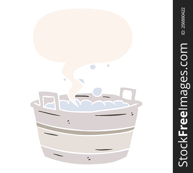cartoon old tin bath full of water with speech bubble in retro style