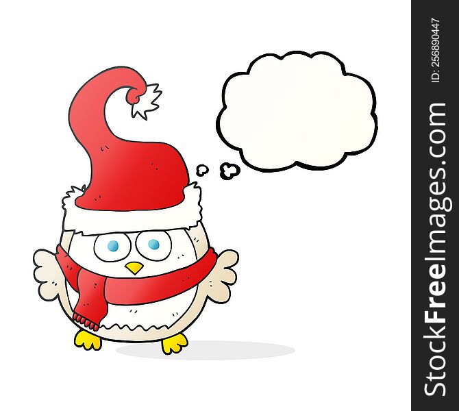 freehand drawn thought bubble cartoon owl wearing christmas hat