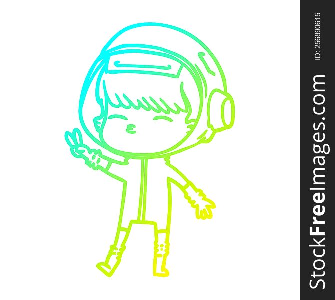 Cold Gradient Line Drawing Cartoon Spacegirl Making Peace Sign