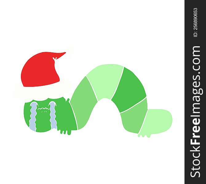 Flat Color Illustration Of A Caterpillar Obsessing Over His Regrets Wearing Santa Hat