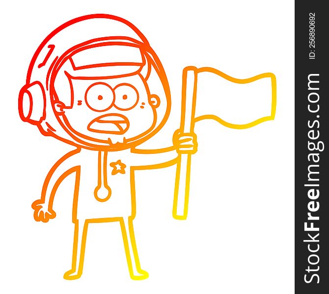warm gradient line drawing of a cartoon surprised astronaut waving flag