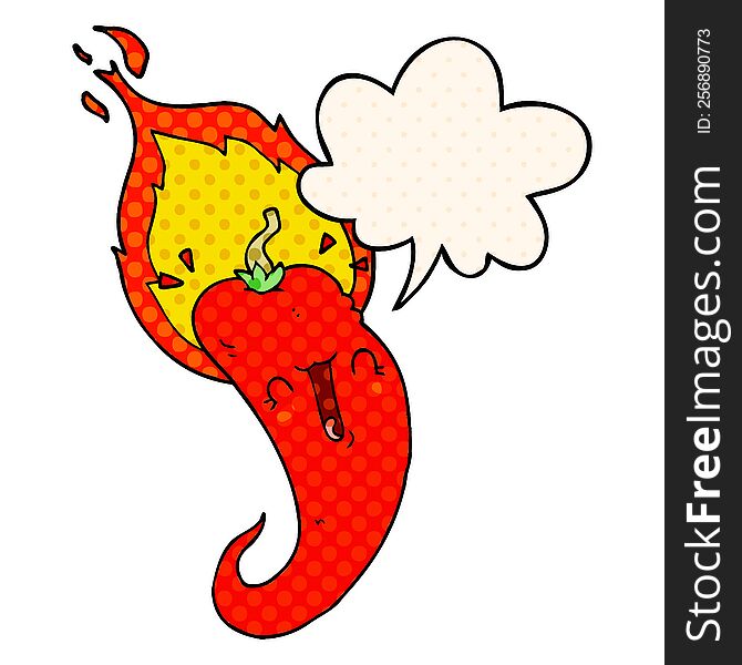 cartoon flaming hot chili pepper with speech bubble in comic book style